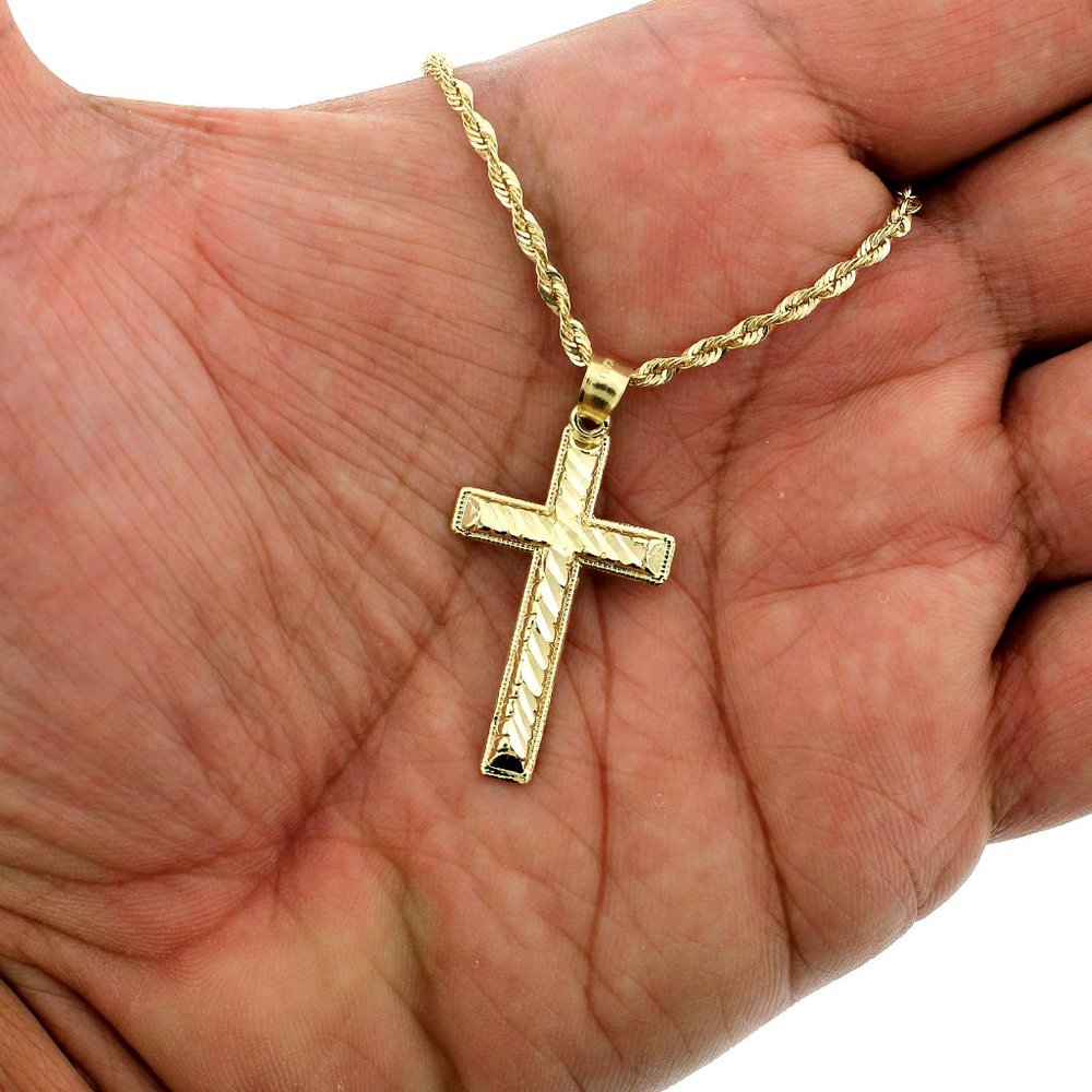Real 10K Yellow Gold Jesus Cross Pendant & 2.5mm Rope Chain Set - Picture 5 of 9